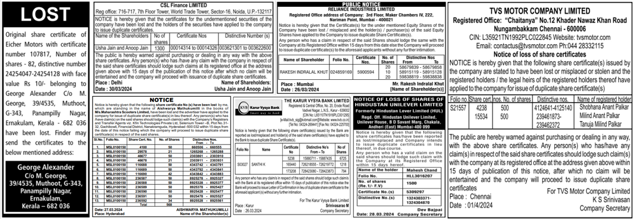 Book Share Certificate Lost Ad in Newspaper